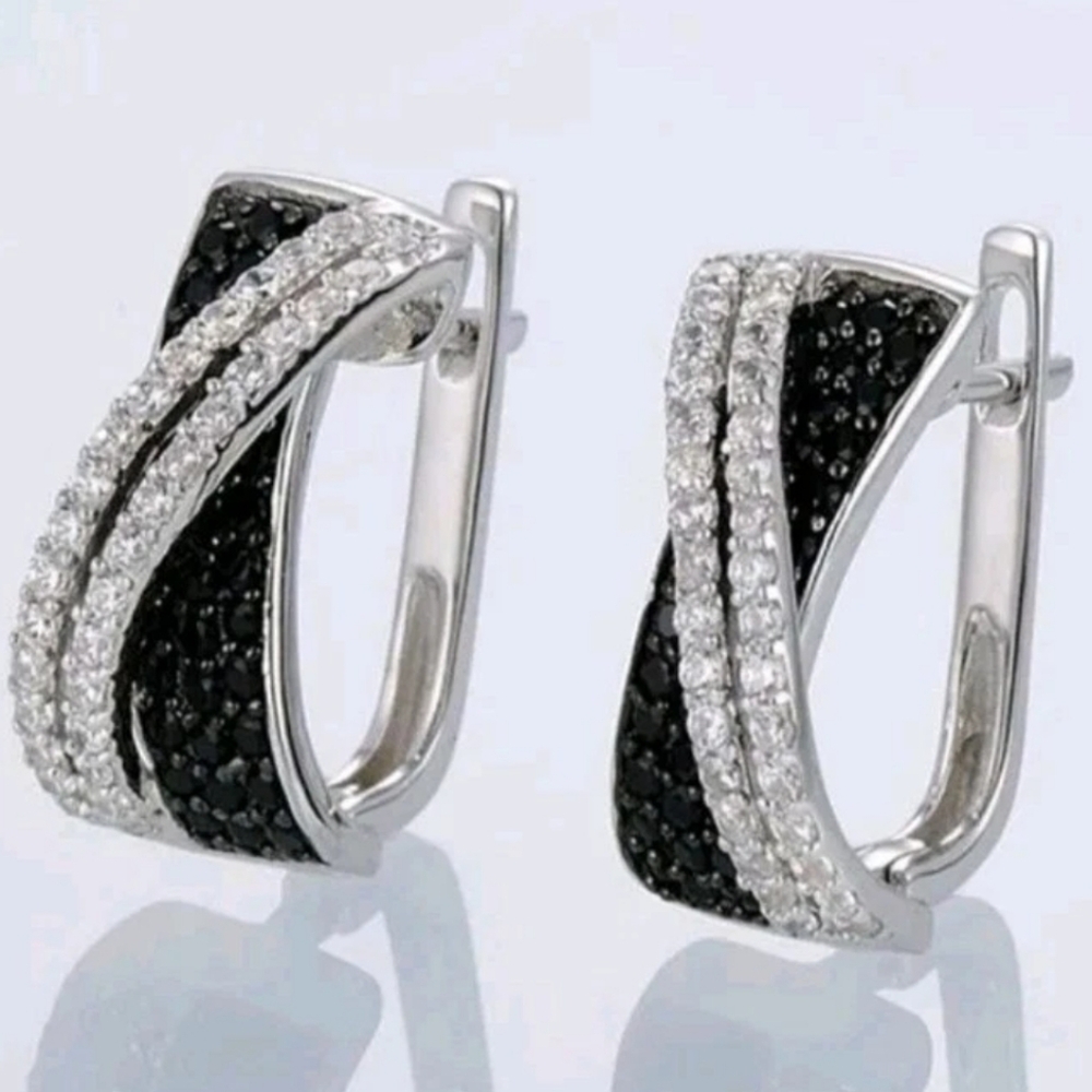 Lab-Created Black/Diamond Cluster Crossover Hoop Earrings 14K White Gold Plated